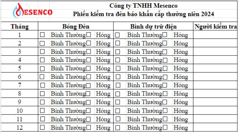 Mẫu checklist kiểm tra đèn báo khẩn cấp